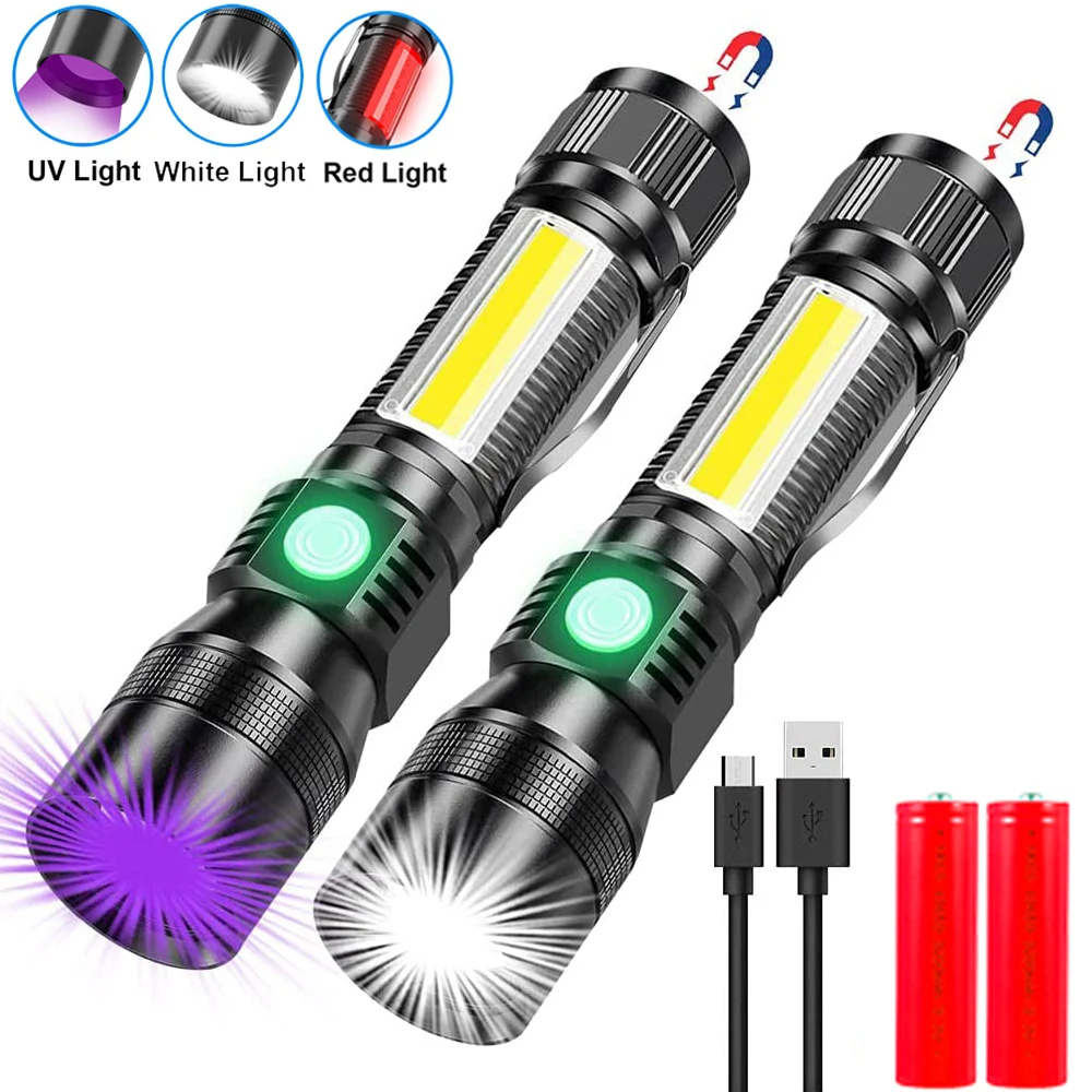 

Powerful LED+COB Flashlight Rechargeable UV+White+Red Light Zoomable Torch Outdoor 7 Modes Magnetic Lights For Camping Hunting