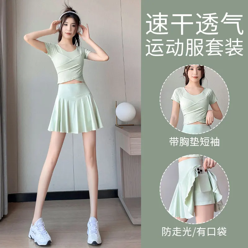 Traje deportivo para correr para mujer, verano 2025, nuevo traje para correr por la mañana, Yoga, Fitness, Top de secado rápido, falda de tenis para bádminton