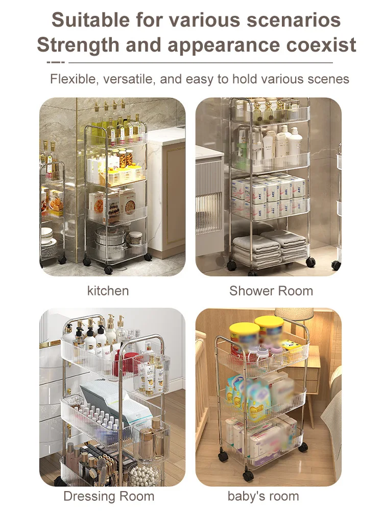 2/3 Tiers Rolling Cart Storage Shelf Transparent Acrylic Trolley Mobile Shelf with Wheel Multi-Layers Storage Rack