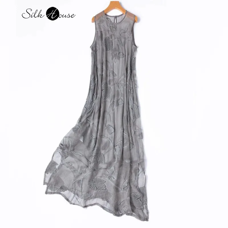 

Half Perspective 1.2-meter Grass Dyeing Craft Heavy-duty Embroidery Natural Mulberry Silk Women's Casual A-line Vest Dress