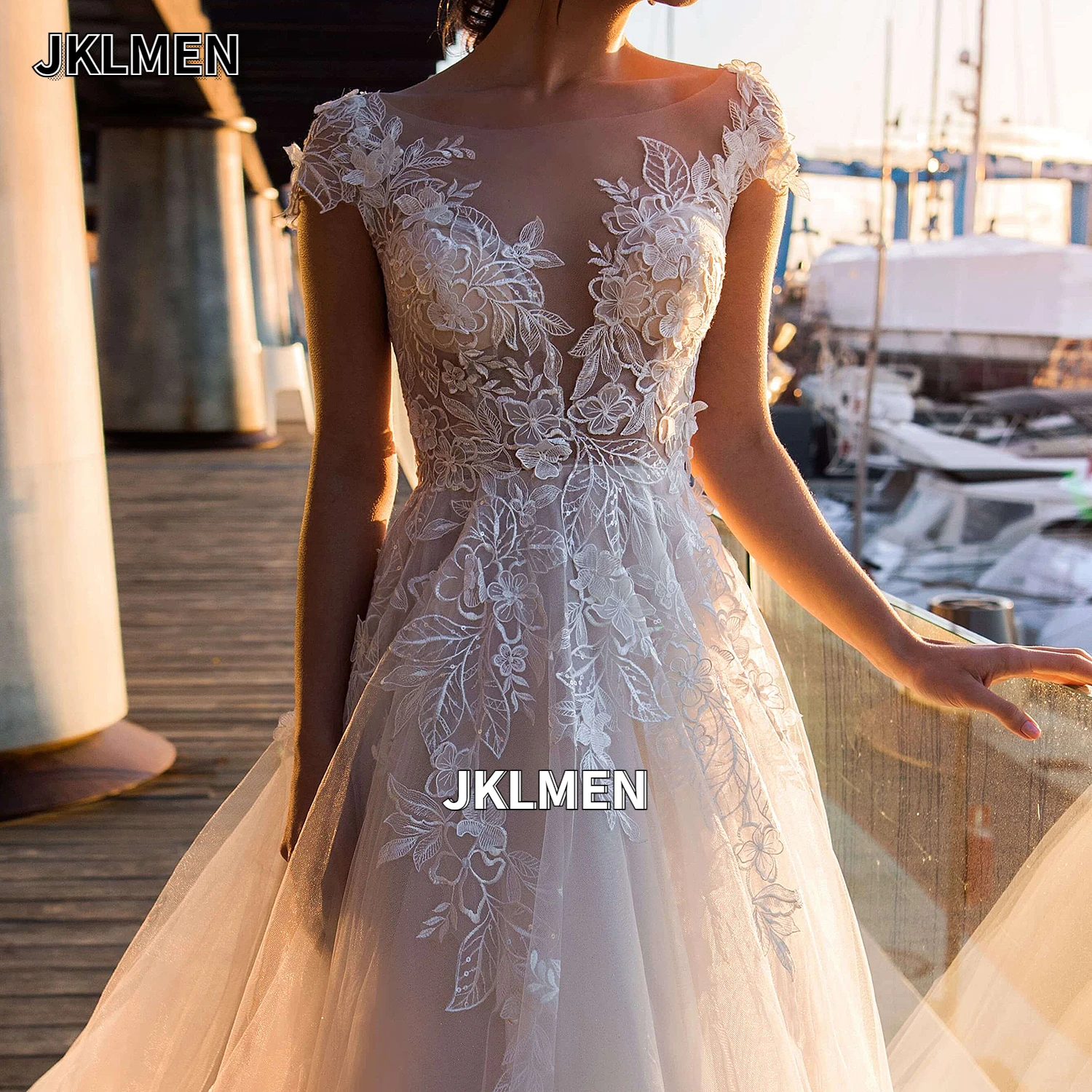 Vestido de novia de cuello redondo con cremallera y espalda, vestido de novia largo de playa de tul, hecho a medida, ilusión ligera