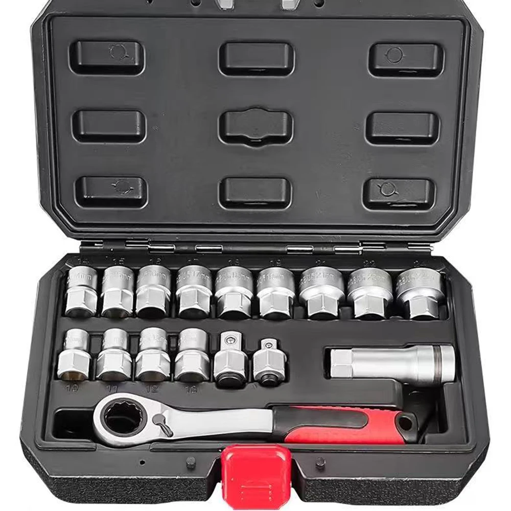 

Набор инструментов для механиков из 17 предметов: стандартные проходные головки 3/8" и 1/2'', трещотка, для шестигранников, квадратных, E-Torx и шлицевых ключей