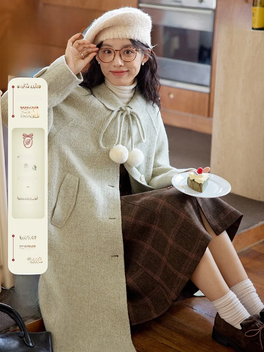 

Double-Sided Woolen Coat Women's Mid-Length Knotted Ball Patterned Tweed Jaet Retro Sle Long Sve Vintage Coat