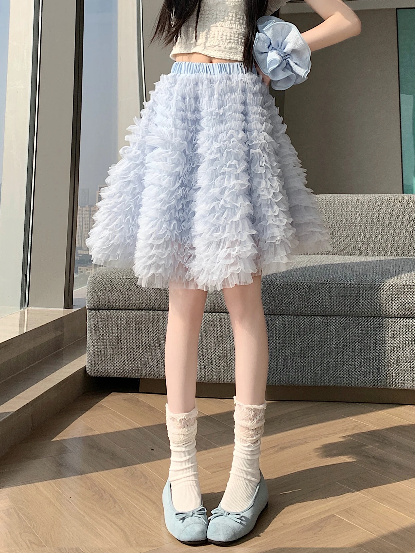 

Пышная тюлевая юбка-полусолнце с высокой талией для женщин, А-силуэт, многоярусная, весна-лето, новый стиль, мягкая, удобная, на подкладке