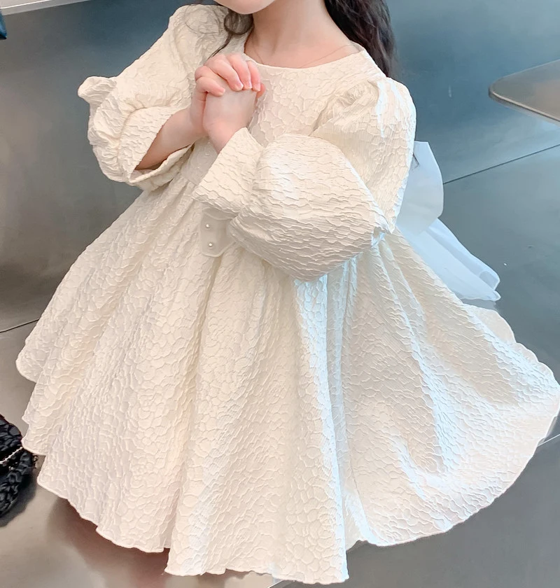 2024 Spring and Autumn Girls Children's Fashion Long sleeved Round Neck Bow Princess Dress Baby Clothing 1-6Y