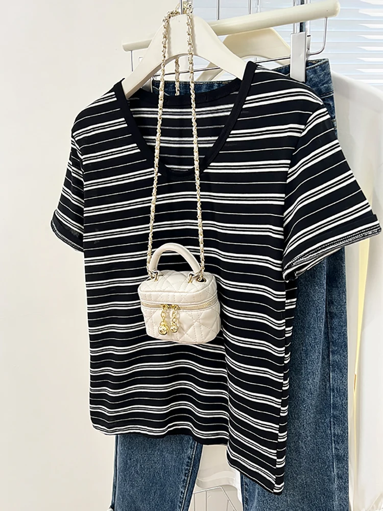 Striped Cotton T-shirt Women Short Sleeve Tops Casual V Neck Basic Style Tee Shirt Female Fashion Woman Clothes Summer Tshirts