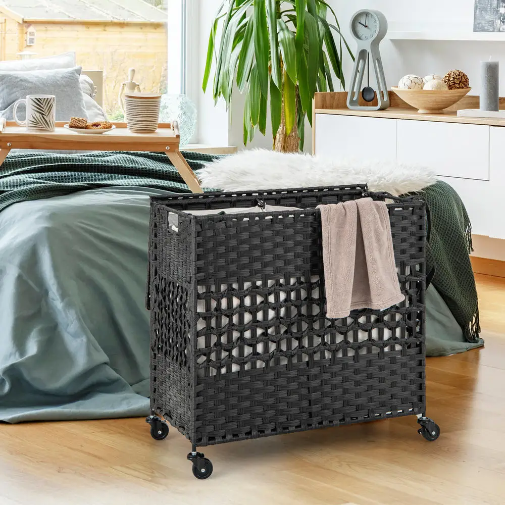 110L 2-Section Laundry Hamper with 2 Removable and Washable Liner Bags-Black