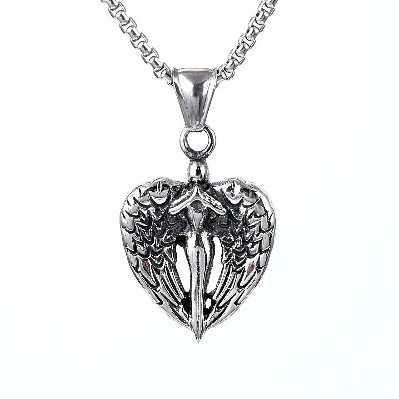 

Vintage Angel with Big Angel Wing Pendant Stainless Steel Necklace Chain For Men
