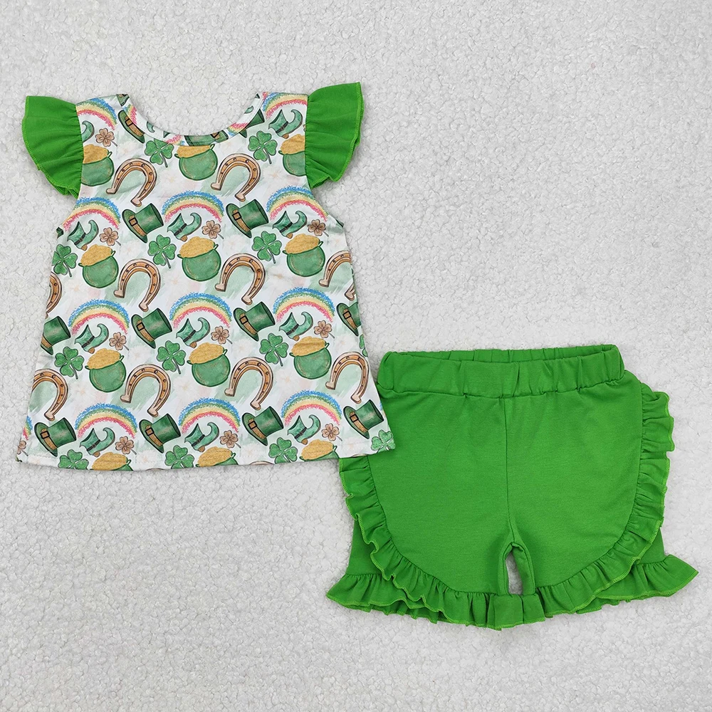 Hot Sale Baby Girls Clothes St Patrick Day Qautrefoil Bow Tunic Tops Shorts Sets Boutique Kids Sibling Clothing Boys Outfits New