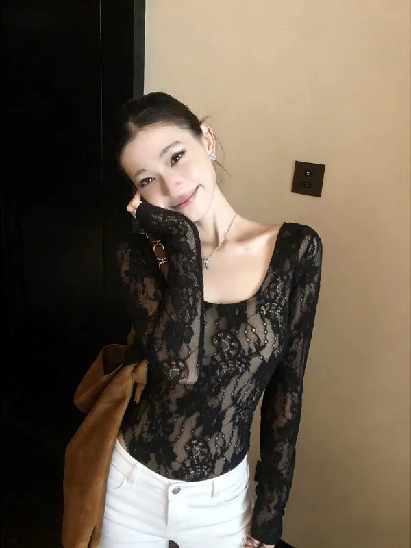 

Женская удлиненная футболка больших размеров с кружевными вставками, сексуальный базовый слой для осенне-зимнего гардероба, нижнее белье больших размеров