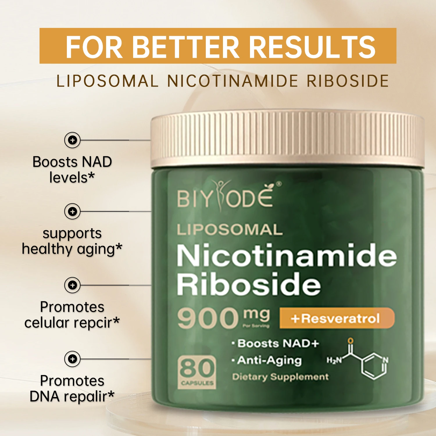 【BIYODE】NAD plus كبسولات لمكملات صحة البشرة للبالغين، حزمة مكملات فيتامين النسيل والتغذية للرجال والنساء