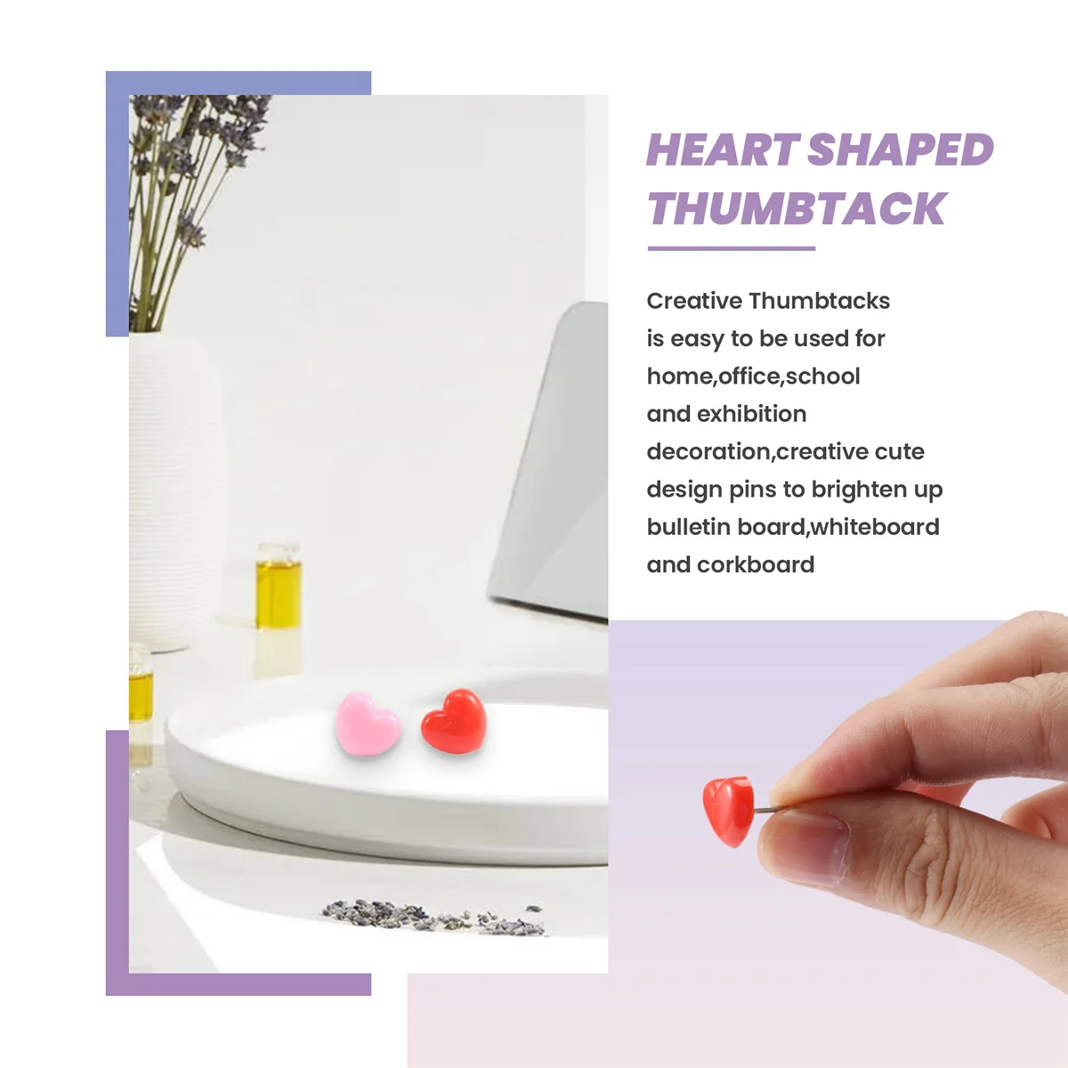 50 PCS Heart Push Pins,สีแดง Bulletin Boards Thumb Tacks, สีชมพูน่ารัก Wall Tacks ตกแต่งสําหรับ Cork Board Home และ Office
