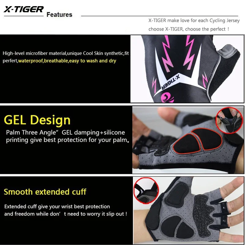X-TIGER Sports Cycling Gloves Half Finger Women MTB Bike Gloves Running Fitness Gym Riding Motorcycle Bicycle Gloves