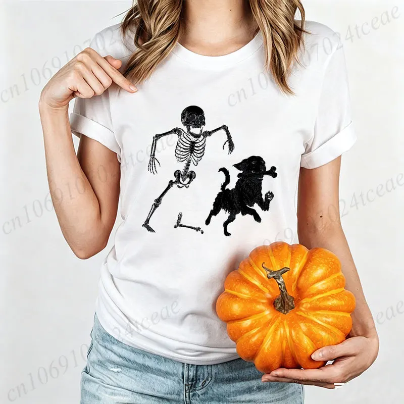 Halloween-Humor-Skelett-Hund-Print-Damen-T-Shirt, lässiges T-Shirt mit kurzen Ärmeln und Rundhalsausschnitt, gruseliges, lustiges Grafik-Top, T-Shirts für Feiertagspartys – Detail 3