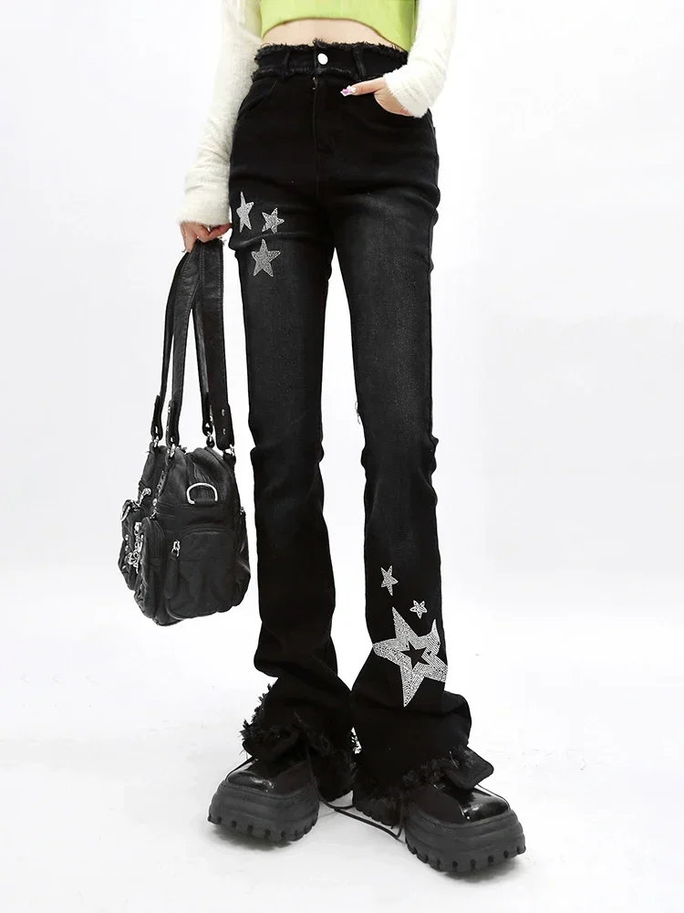 

Punk Black Slight Flare Long Baggy Jeans Women Spring New Design Star Diamonds Stamping Rip Goth Slim Mopping Denim Pants Capris