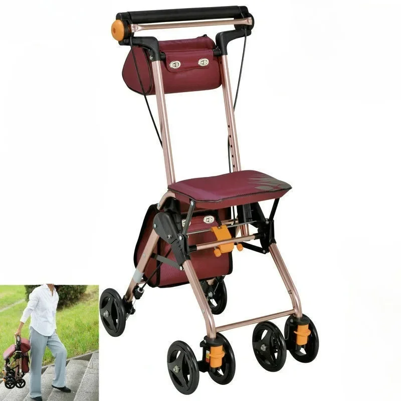 Folding Heighten Shopping Cart for Seniors Hand Pushed Assisted Walking Portable Shopping Cart Four-wheel Seatable Portability