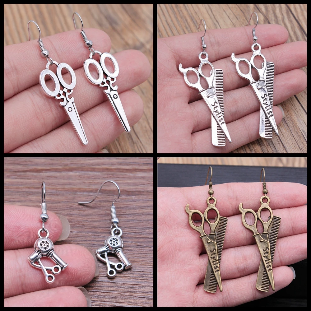 Fashion Handmade Cool Design Punk Style Big Scissors Hair Dryer Earrings Comb Barber Scissors Drop Earrings