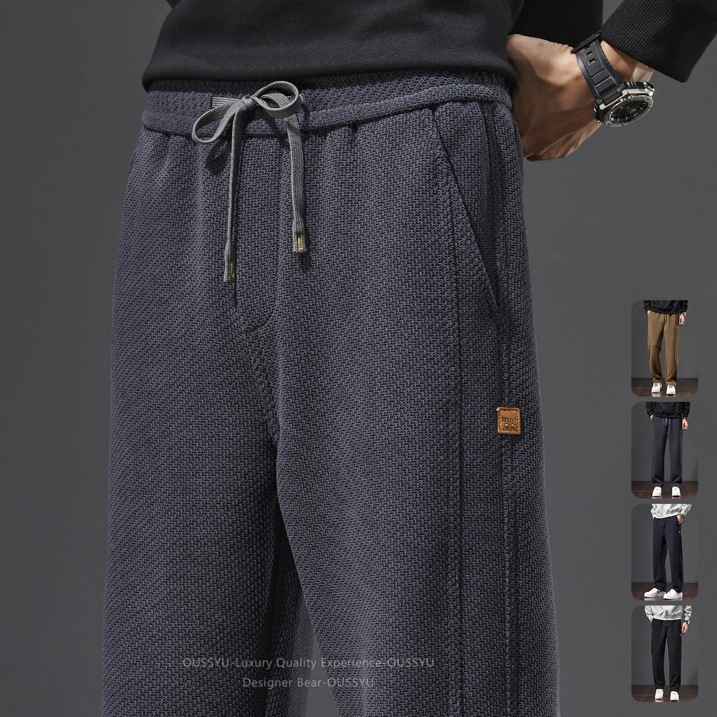 Autumn Winter Men's Knitted Casual Pants Elastic Waist Straight Drawstring Trousers Streetwear Solid Color Baggy Sweatpants Male