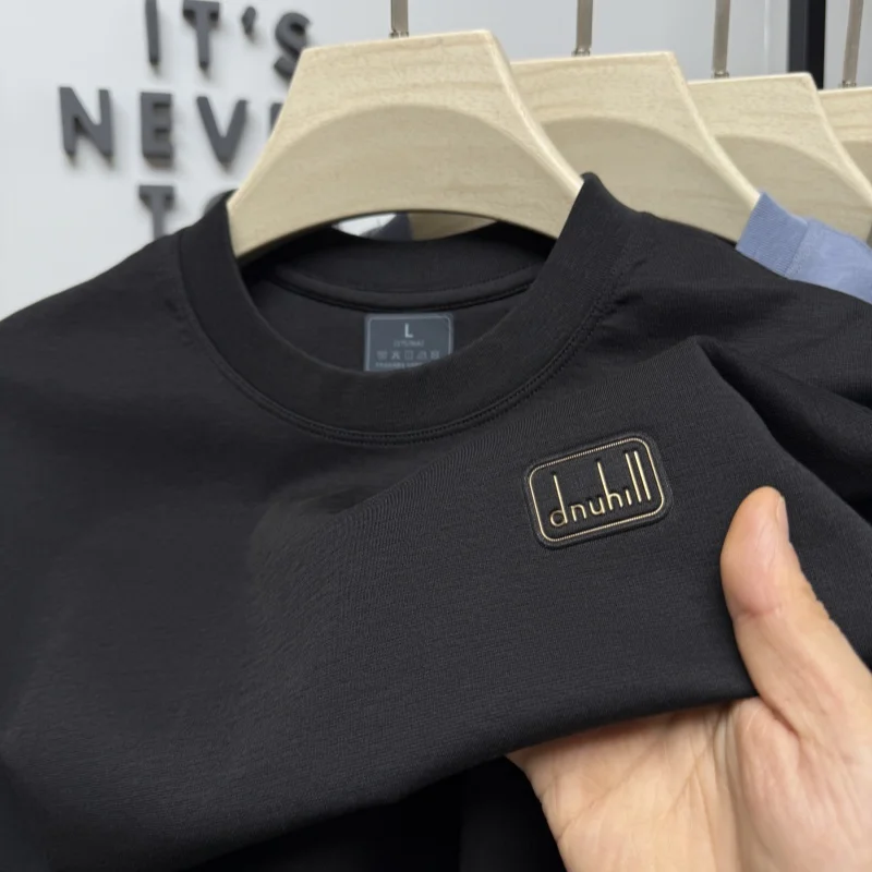 

New Summer Men's Round Neck Short Sleeve Luxury Letter Embossed Silk Cotton T-shirt High Quality Elastic Breathable Short Sleeve