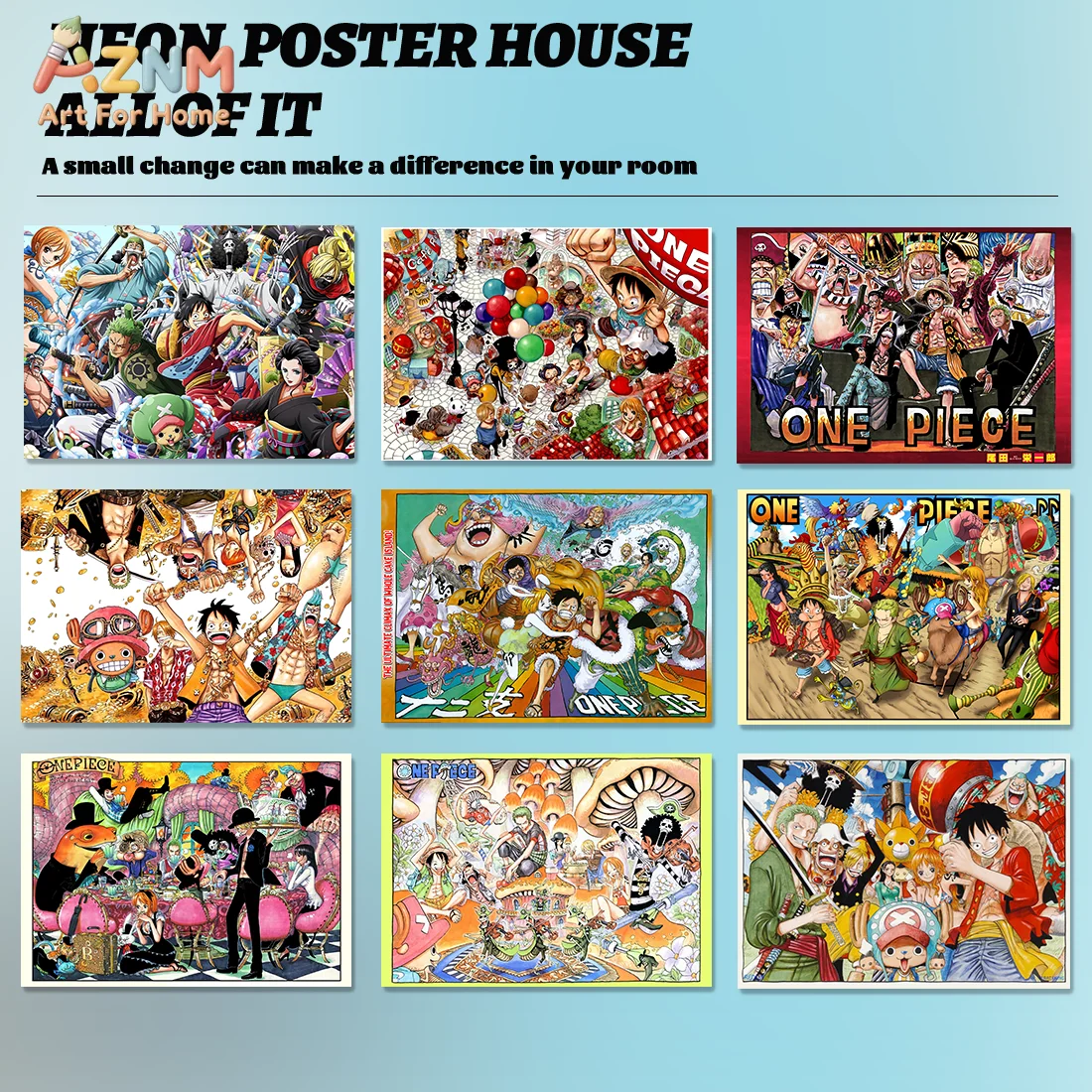 AZNM One Piece All Characters Group Colorful Anime Frameless Canvas Wall Art, Modern Living Room Bedroom Home Decor Painting