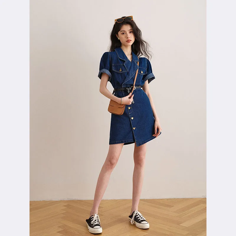 Women Summer V-neck Denim Dress With Belt Decor Single Breasted Style Blue Jean Dresses Turn-down Collar A-line Short Vestidos