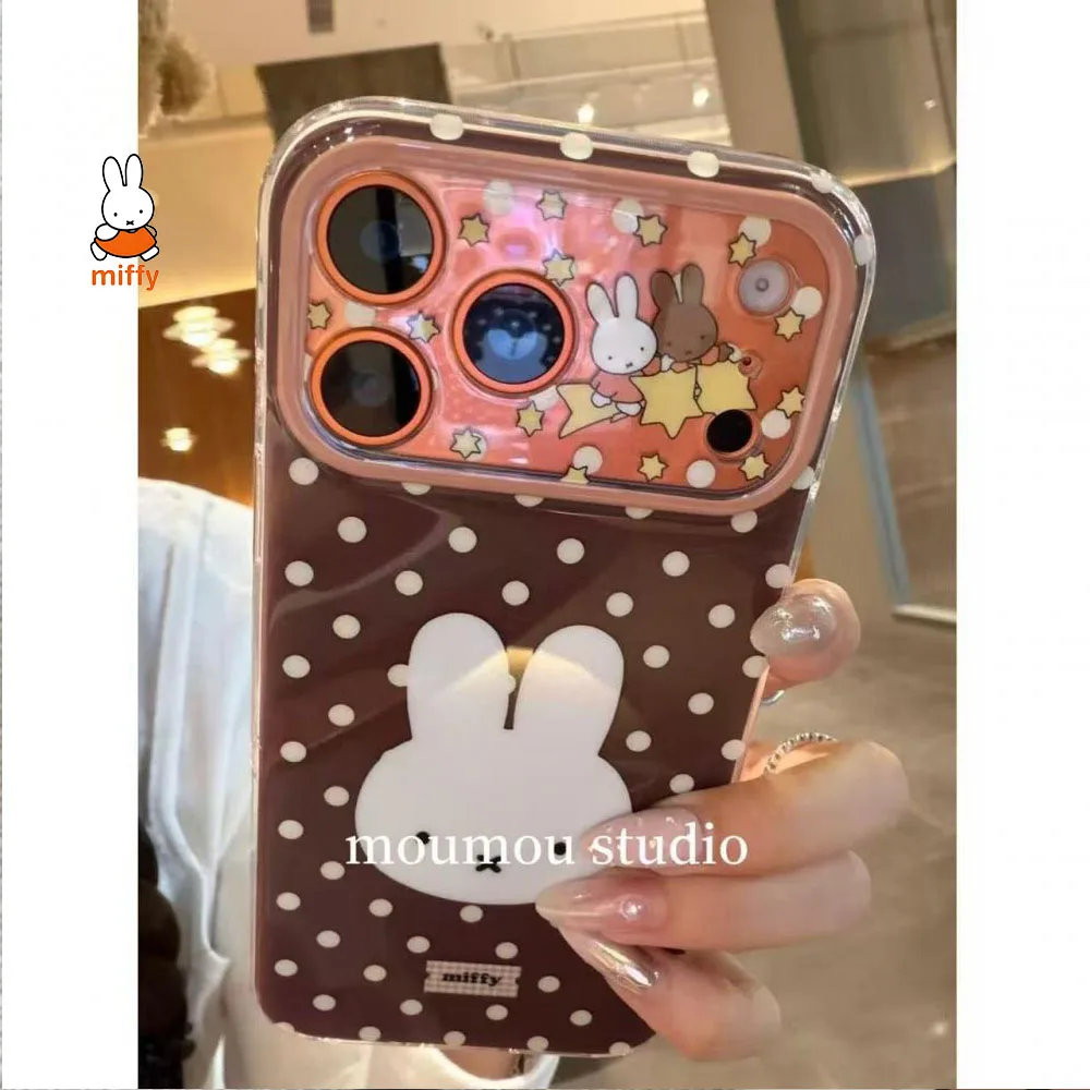 เคสโทรศัพท์มิฟฟี่ บันนี่ ลายจุด สำหรับไอโฟนสีน้ำตาล เคสใสกันกระแทกพร้อมลายดาว ลายการ์ตูนกระต่าย ฝาครอบโทรศัพท์