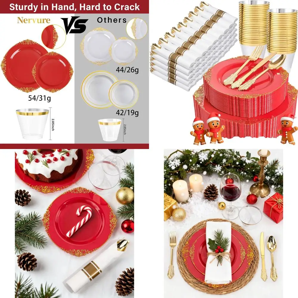 

50-Person Red & Gold Plastic Dinnerware Set - 100 Plates, 50 Silverware, 50 Cups for Weddings, Parties, Christmas