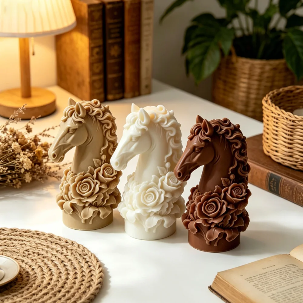 3D Pferdekopf-Rosen-Silikonform für Kerzen, Tier- und Blumen-Harzform, DIY Duftkerze, Seife, Gips, Heimdekoration, Geschenk