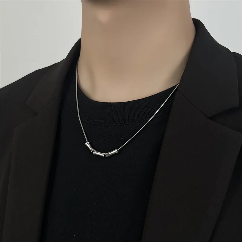 Minimalist Bamboo Pendant Necklace Silver Color Simple Exquisite Chain Unisex Cold Style Trendy Accessories Gift for Couples