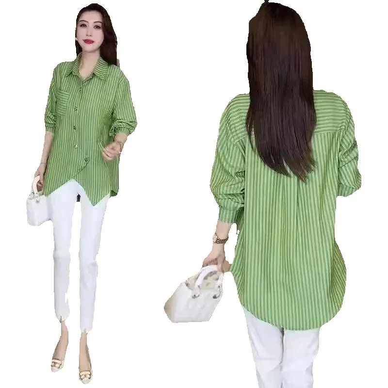 

Spring Summer Stripe Shirt 2025 New Stripe Loose Women's Clothes Top Solid Color Fashion Single-Breasted Female Blouse