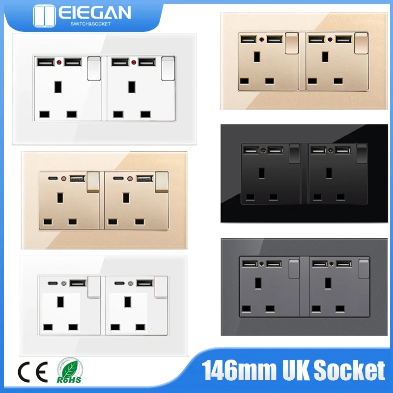 

13A British standard three hole wall power socket with dual USB switch 146 socket standard switch tempered glass wall grounding