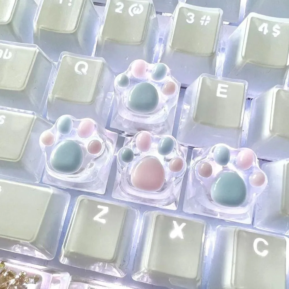 1/4 Pcs Translucent Cat Paw Keycap Cross Axis Mechanical Keyboard Key Cap Pink Blue Resin Cute ESC WASD Keycaps
