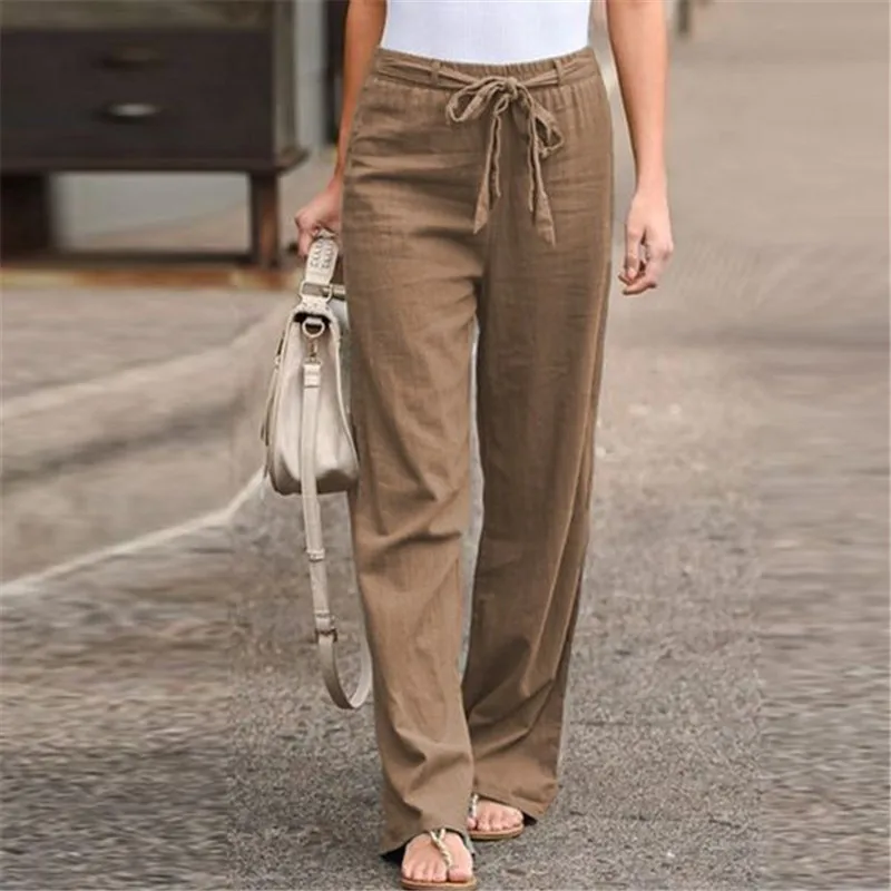 Lace-up Straight Office Ladies Pants Elastic Waist Solid Autumn Cotton Linen Pant Casual Long Retro Fashion Normcore Trousers