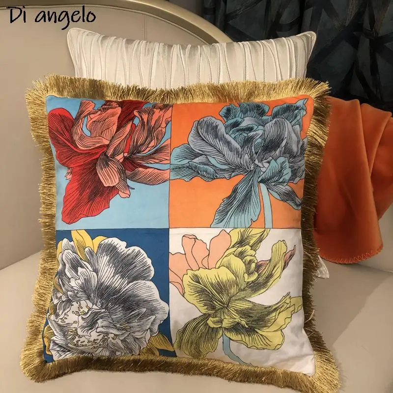 Double-Sided Print Tassel Sofa Cushion Cover, European,Digital Printing Palace, Luxury Velvet Pillowcase, Office Room Seat # S