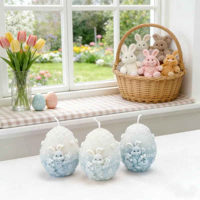 3D Lächelndes Osterei Häschen Silikonformen 'Feiern' Textdesign DIY Duftkerzen Aroma-Werkzeuge Oster-Heimdekoration Geschenkherstellung