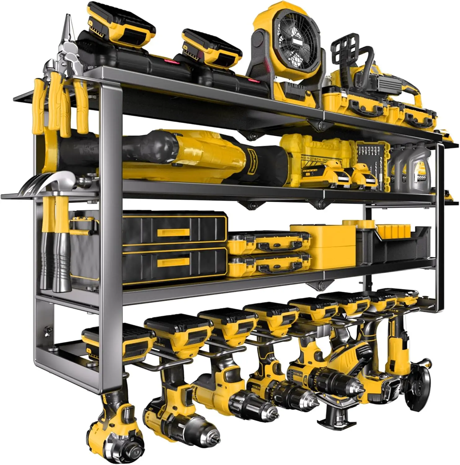 

Настенный органайзер для электроинструментов большой мощности, 4-уровневая стойка с зарядной станцией и 8 держателями для дрелей, хранение для гаража и мастерской