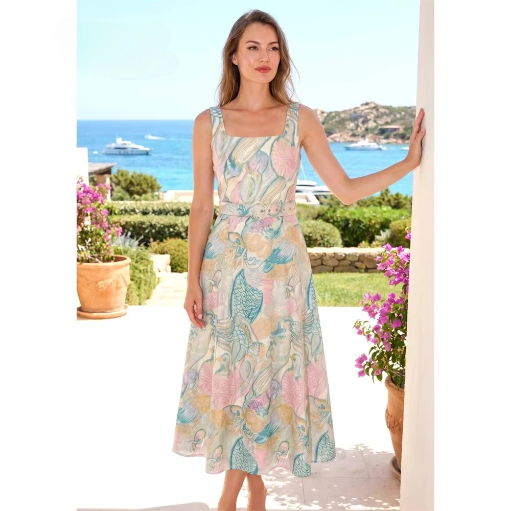 Customized Elegant Square Neck Spaghetti straps Backless A-Line Floral Print Prom Gowns Tea Length Formal Party Evening Dresses