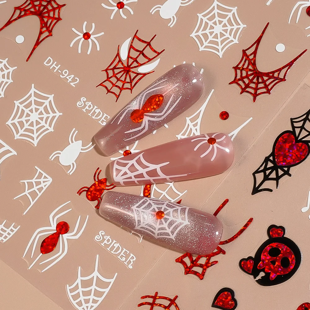 1/5PCS 빨간색 흰색 거미줄 네일 스티커 다크 스타일 네일 아트 장식 스티커 DIY 매니큐어 자기 접착제 장식 데칼