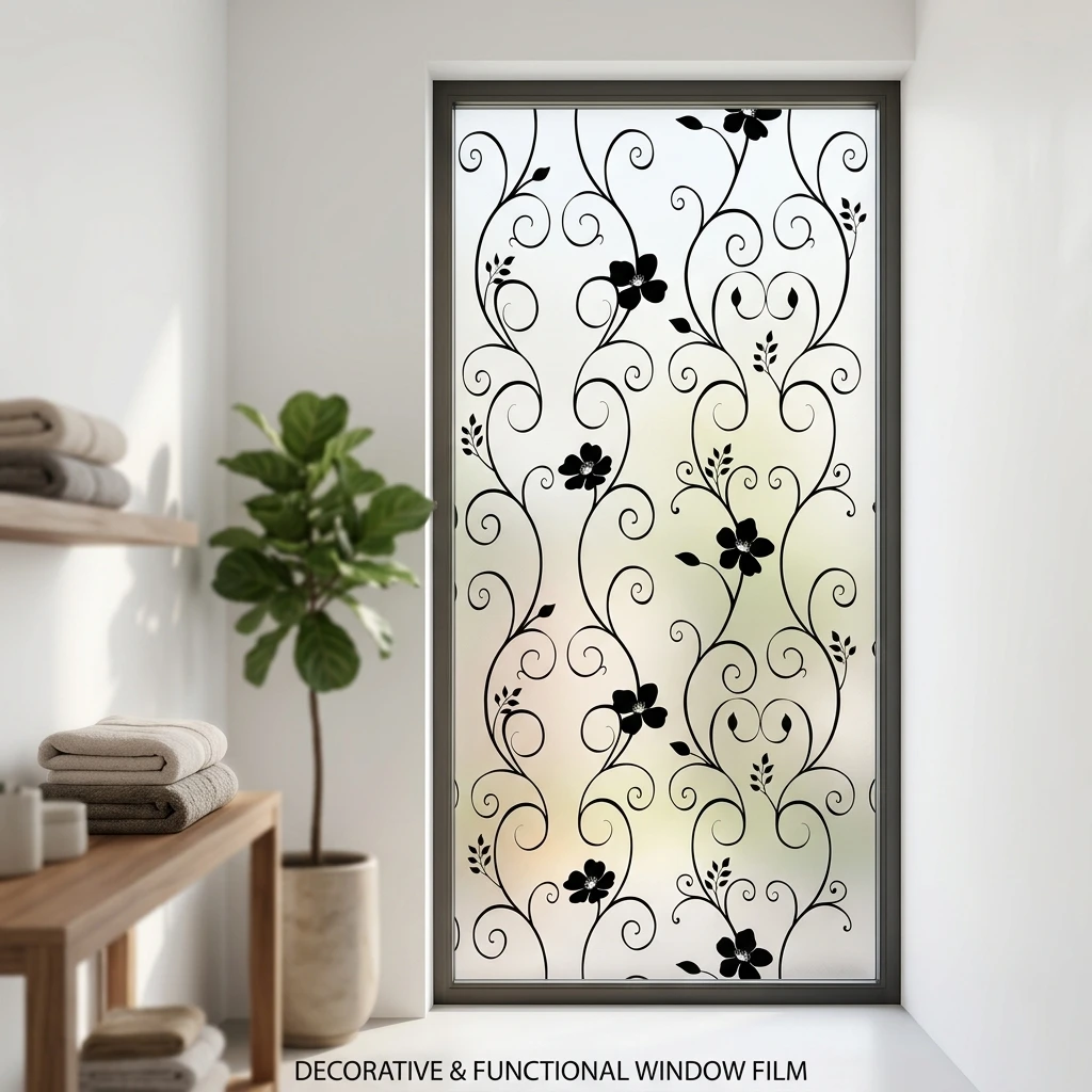 Elegant Retro Privacy Window Film with Curly Vine Flower Design Soft Light Filter Cuttable PVC Adhesive for Home Decor