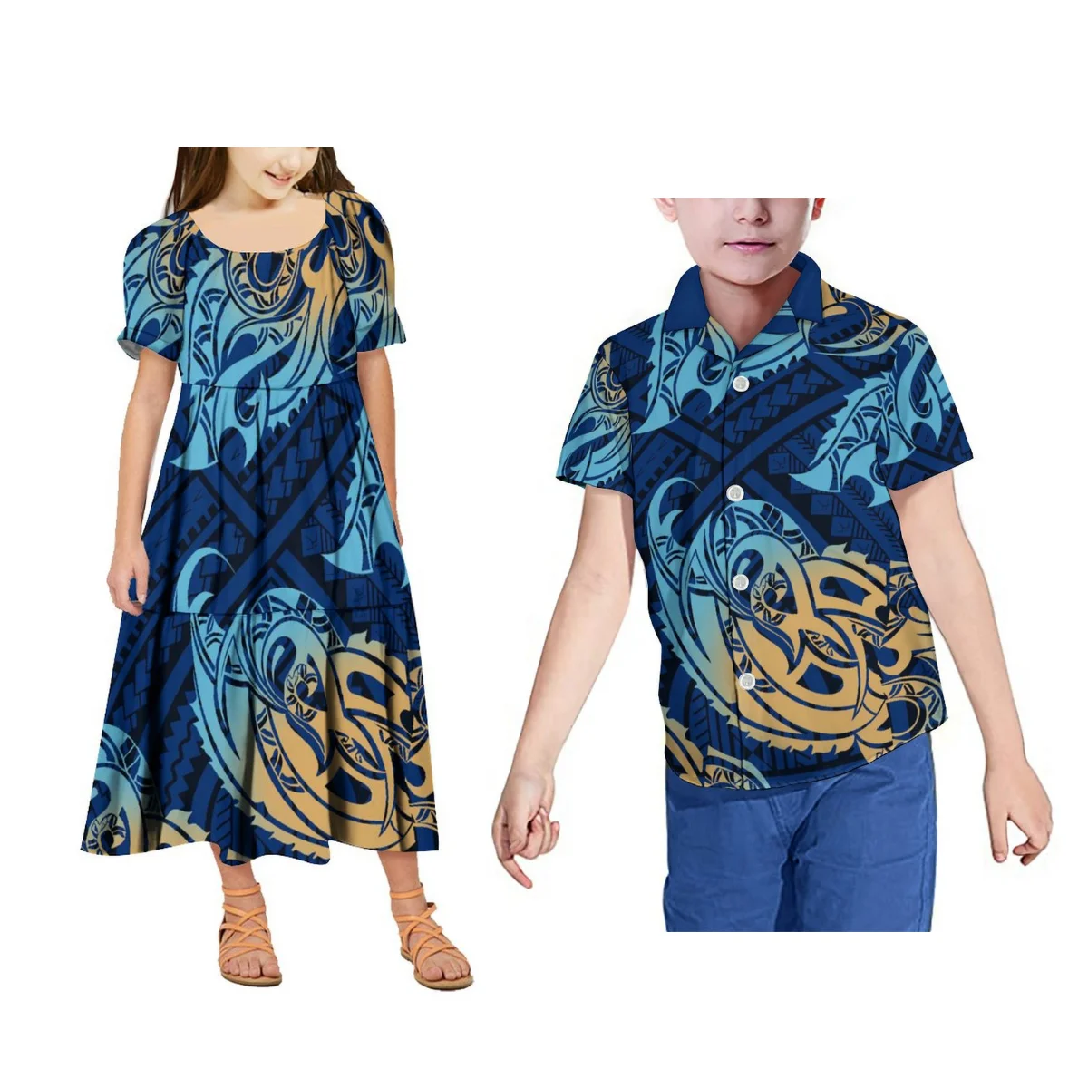 

Samoa Print Customized Children'S Suit Matching Polynesian Children'S Bubble Sleeve Long Dress Hawaii Children'S Shirts