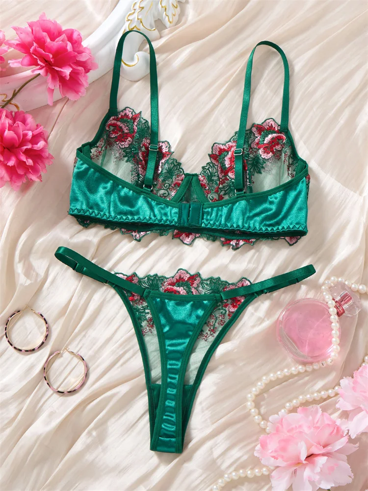 Women Green Satin Lingerie Set Floral Embroidery Mesh Underwear Sexy Three-Point Intimates Underwire Transparent Bra Panty Set