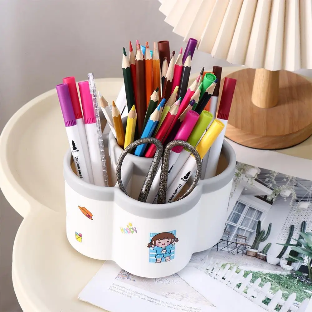 

360° Rotating Petal-shaped Pen Holder with Cartoon Sticker White Pencil Organizer Large-capacity Dust-proof Lipstick Storage Box