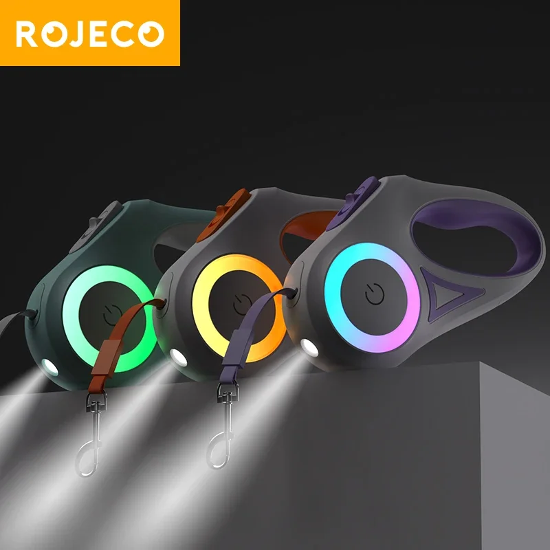 ROJECO Trela Retrátil Automática para Cães LED Luminoso Correias para Cachorro Pet Caminhada, Chumbo, Chumbo Fashion, 5m