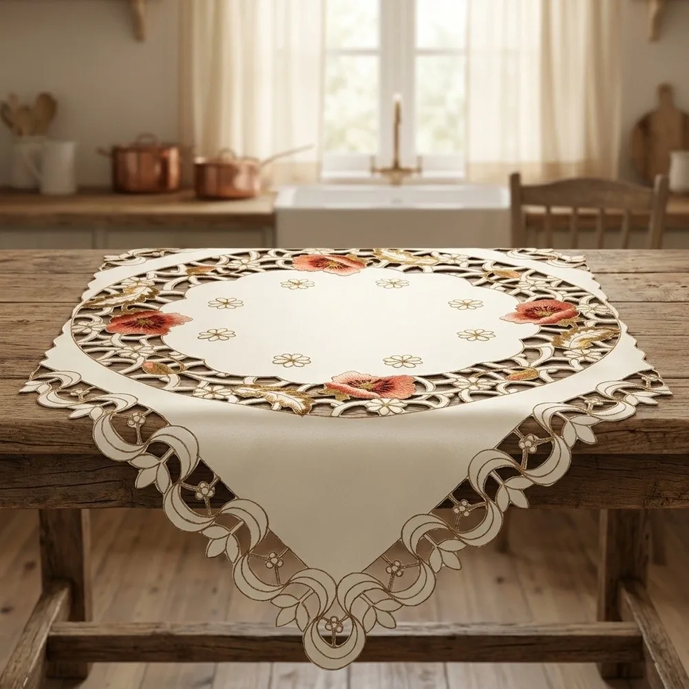 Convenient for durable Useful Tablecloth Decoration Floral Home Vintage Washable Dining Embroidered Satin Wedding Lace