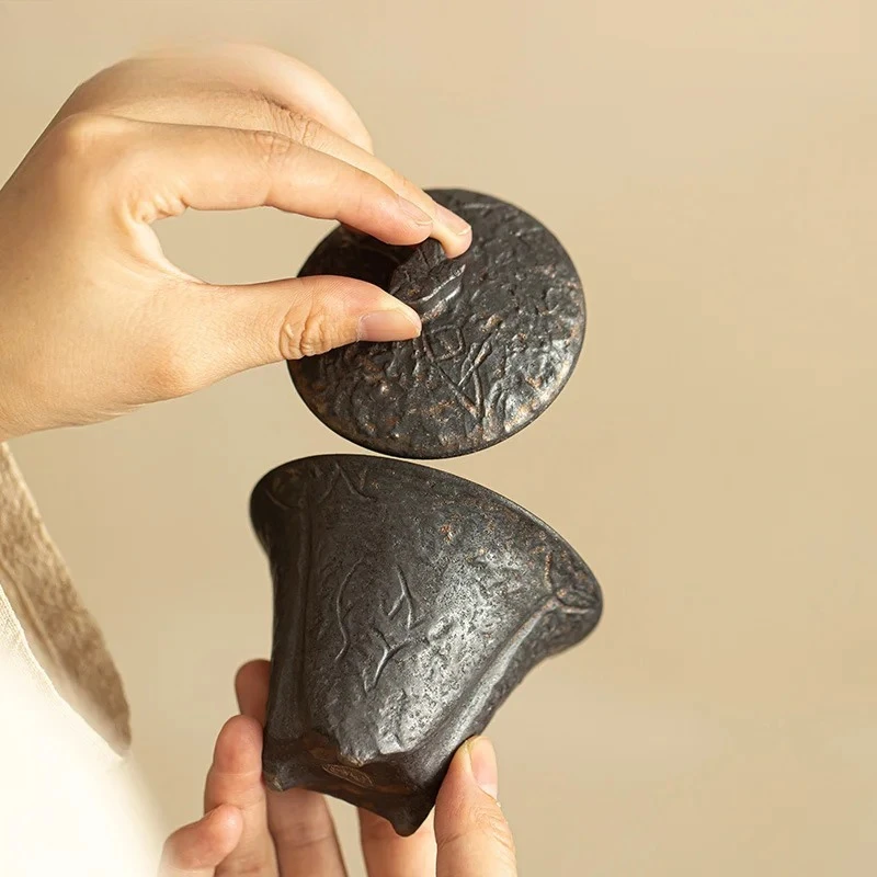 80ml Handmade Coarse Pottery Gaiwan Ancient Bronze Glaze Three Leg Tea Tureen Household Tea Making Cover Bowl Drinkware Craft