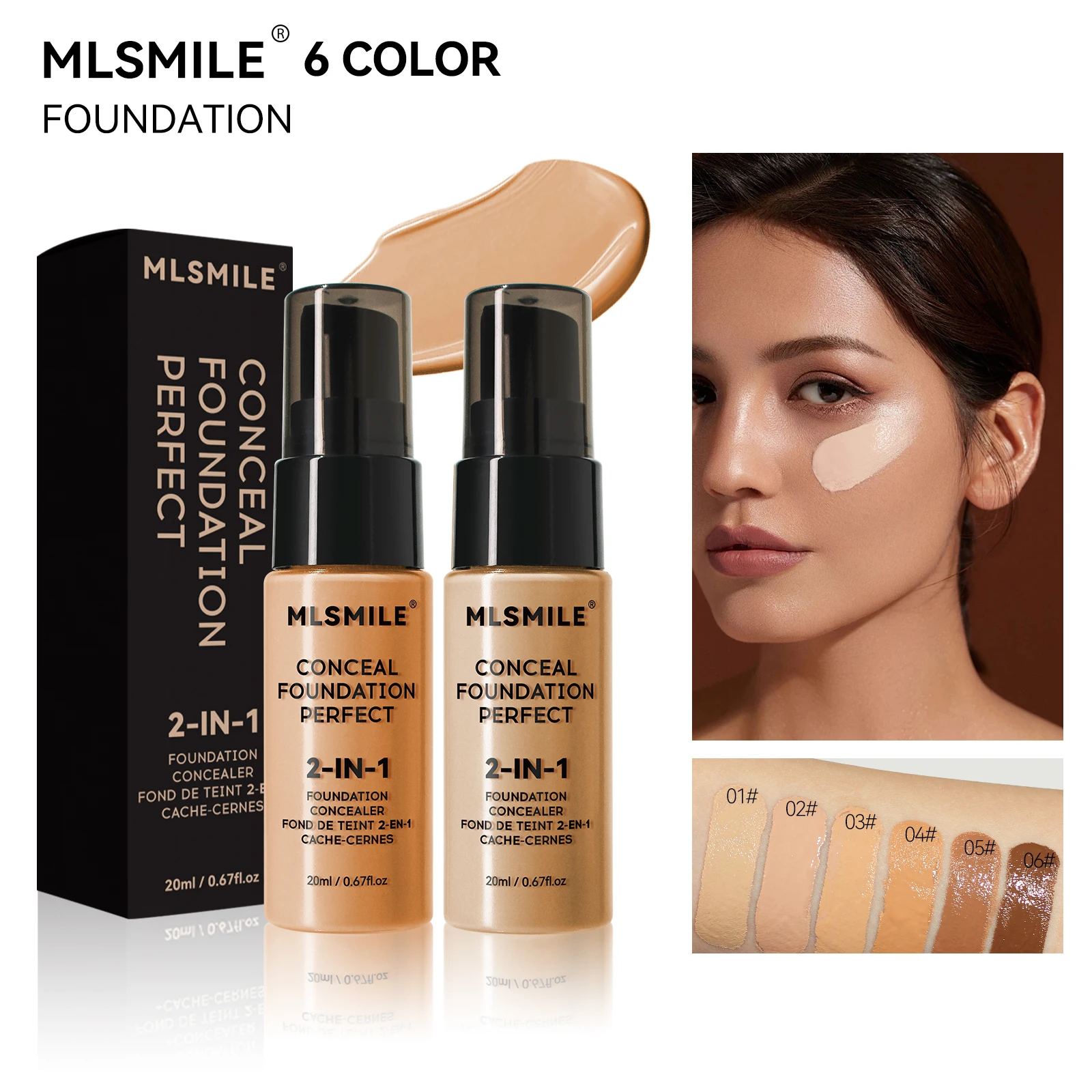 MLSMILE Fondotinta a lunga durata a 6 colori Fondotinta correttore e controllo dell'olio facile da spingere e resistente al sudore