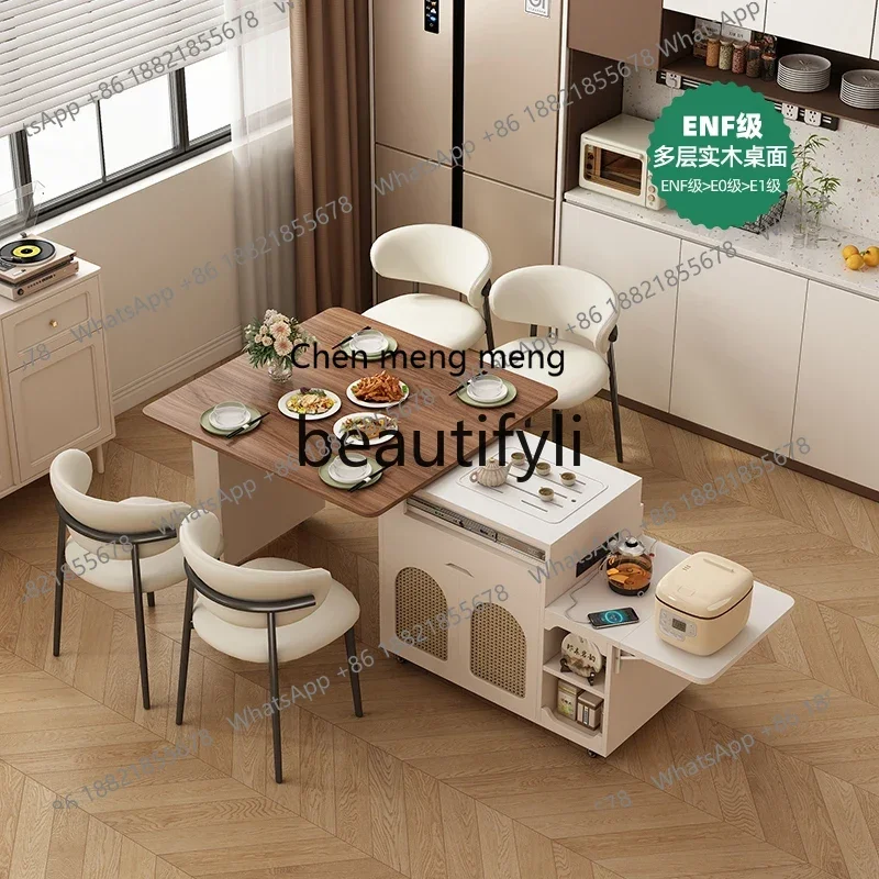Rock slab island tea table dining table integrated side cabinet small apartment movable retractable folding smart coffee table
