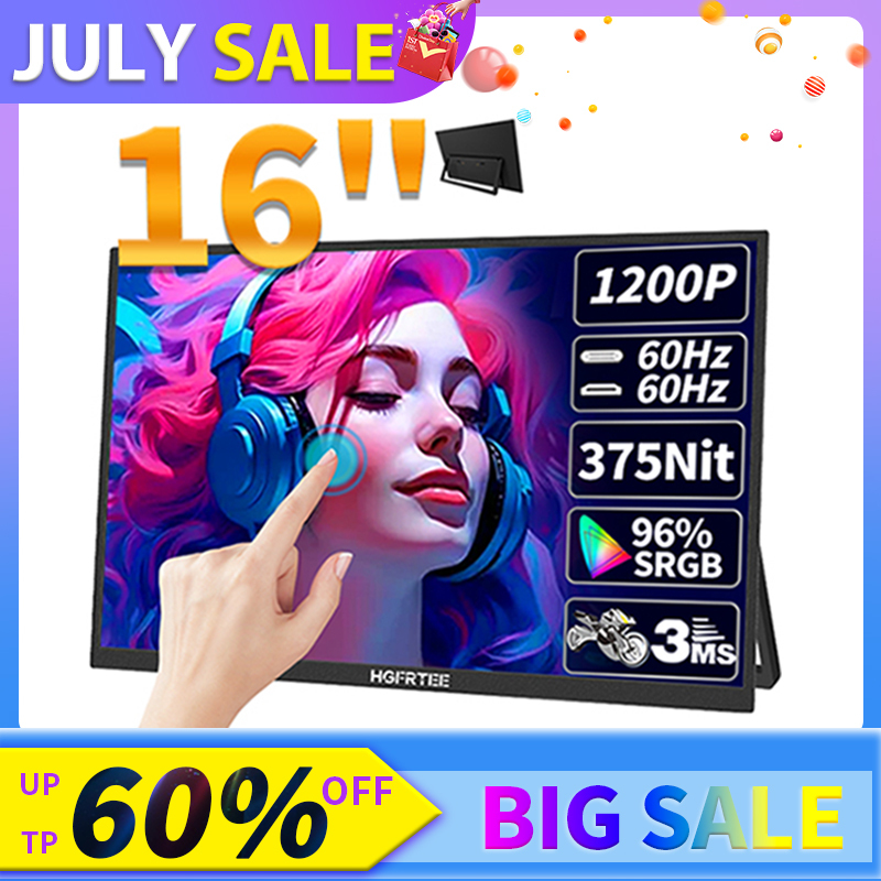 HGFRTEE 16inch Touch Portable Monitor 16:10 96%sRGB 350Cd/m² Second Screen For Laptop With Holder Stand Type-C HDMI-Compatible