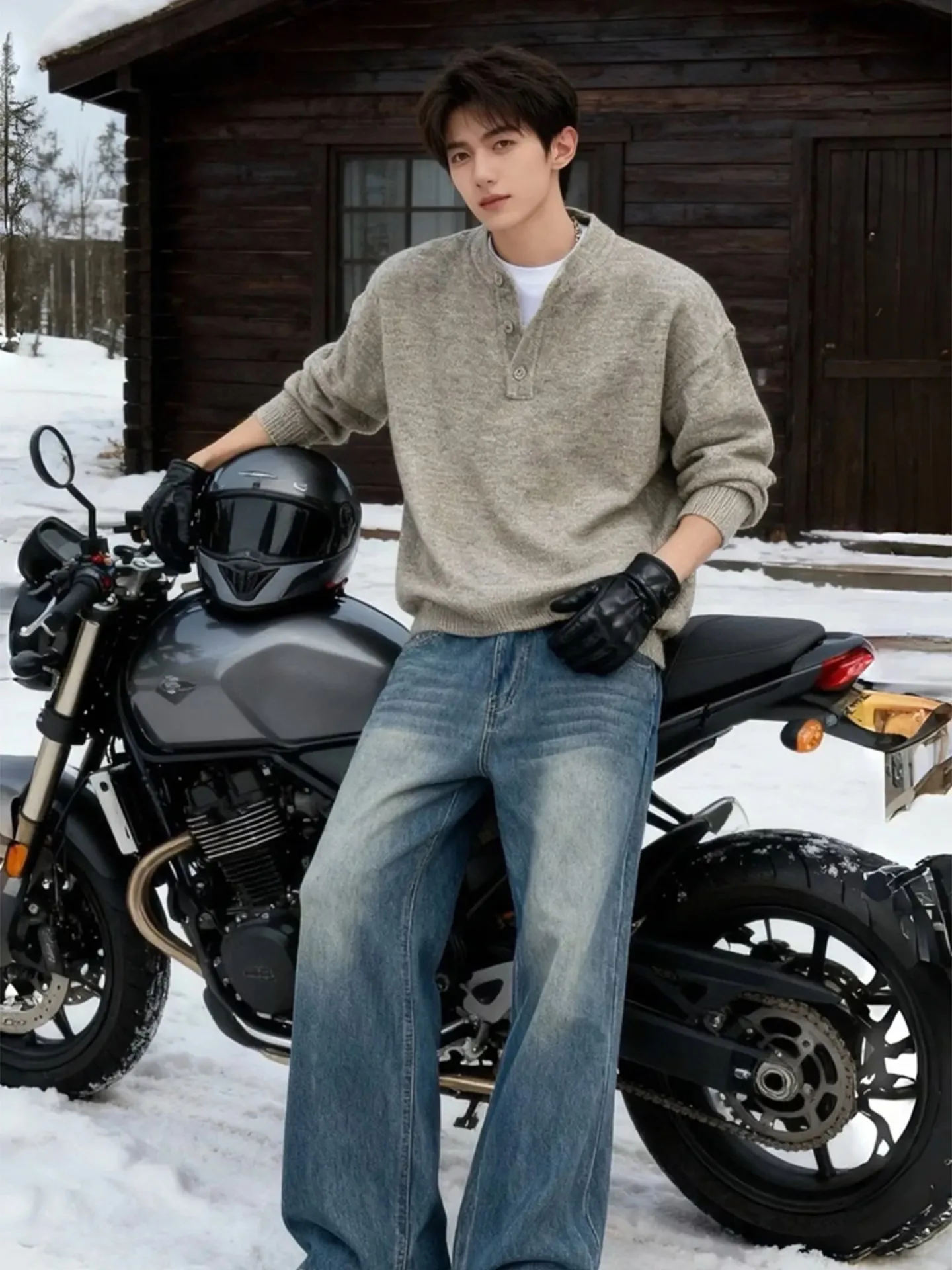 

k ey American Sle Men's Knitted Sweater Henry Collar Thiened Winter Faion Casual Long Sve Top