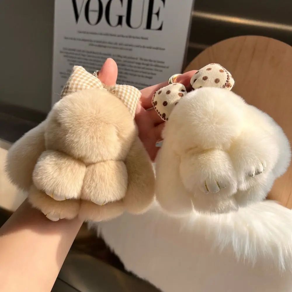 Fashion Cute Pompoms Bow Rabbit Pendant Stuffed Doll Cartoon Fluffy Bunny Doll Keychain Hanging Ornament Backpack Key Chain